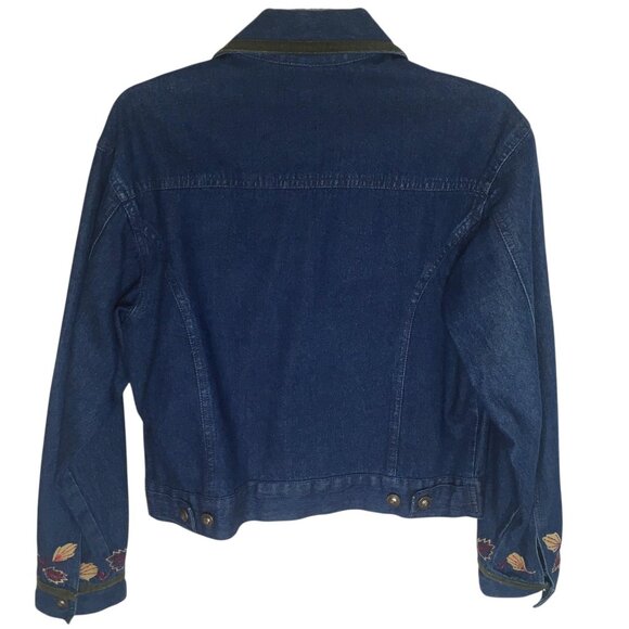 Rebecca Malone Denim Jacket Womens Small Blue Embroidered Leaves Velvet Trim - Picture 12 of 14